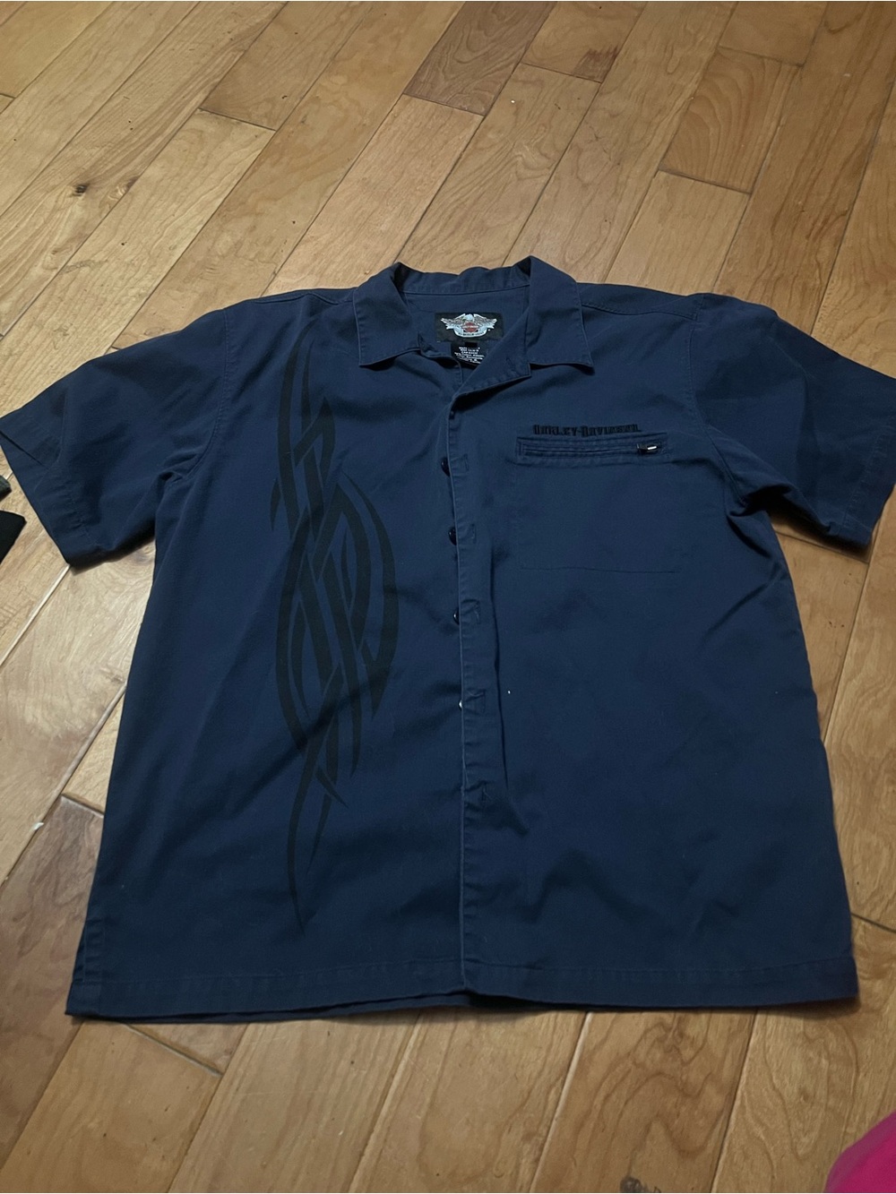 Harley-Davidson Navy Short Sleeve Button-Down with Black Tribal Print